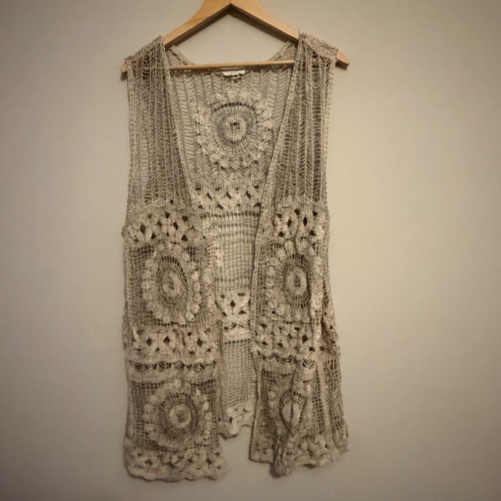 Oddi Womens Crochet Lace Open Front Vest Beige Cotton Medallion Longline OS